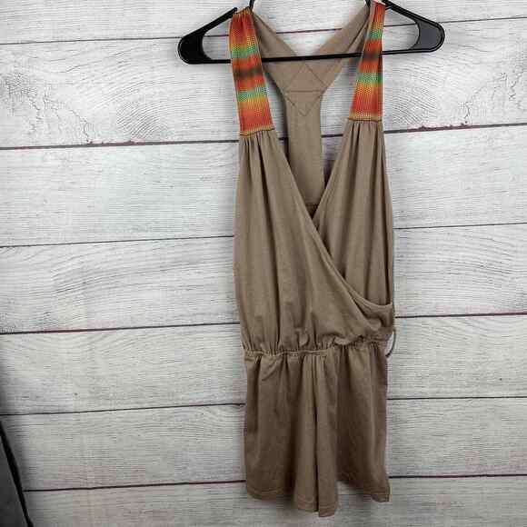Mapale Tan With Multicolor Straps Racerback Sleepwear Romper With Belt Size S - Picture 1 of 7